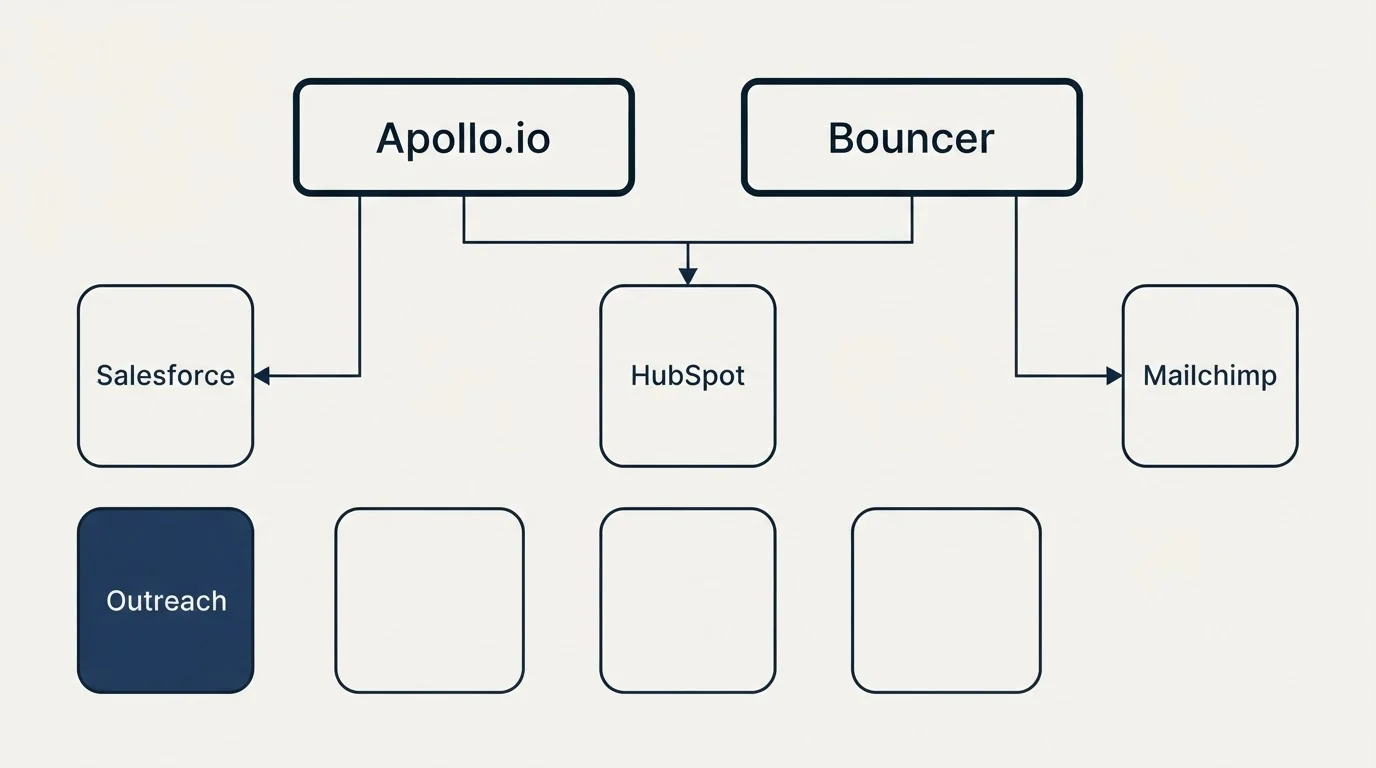 Integration grid: Integration Ecosystem (Apollo.io, Bouncer, HubSpot, Salesforce)