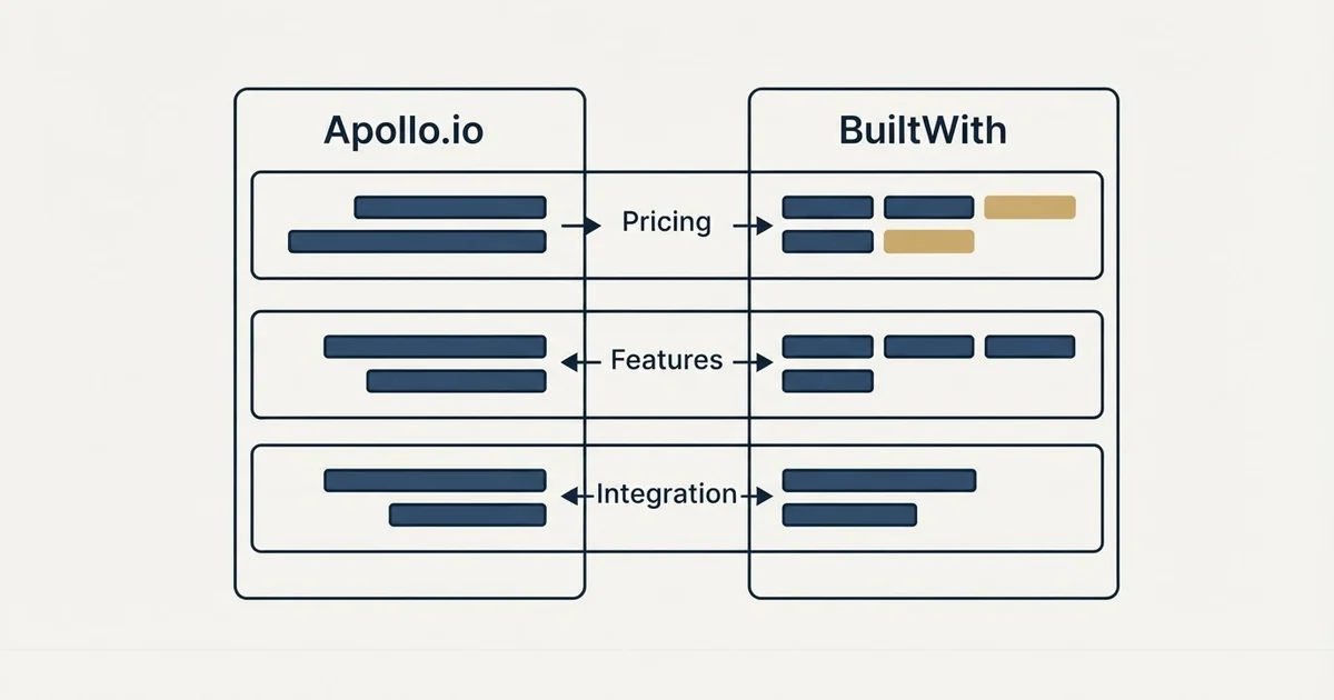 Comparison panel: Apollo.io vs BuiltWith (Pricing, Features, Integration)