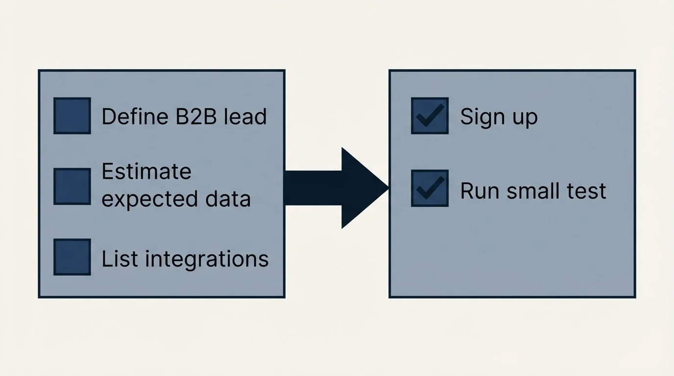 Before-and-after steps: Getting Started Checklist (Define B2B lead, Estimate expected data, List integrations, Sign up)
