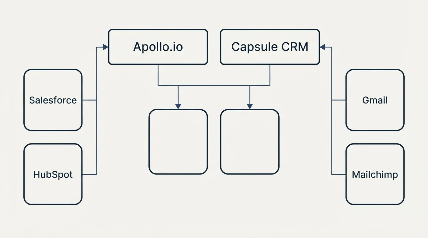 Integration grid: Integration Ecosystem (Apollo.io, Capsule CRM, Salesforce, Gmail)