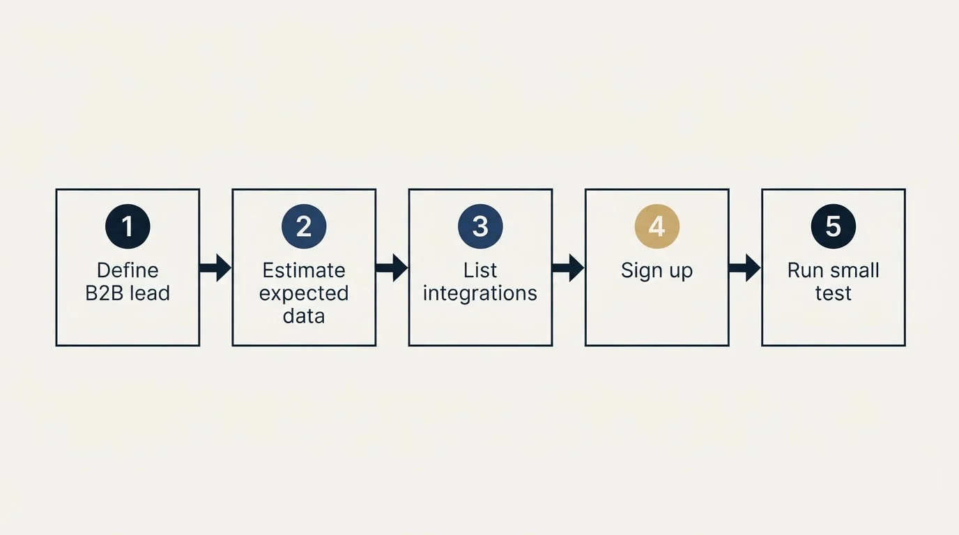Step sequence: Getting Started Checklist (Define B2B lead, Estimate expected data, List integrations, Sign up)