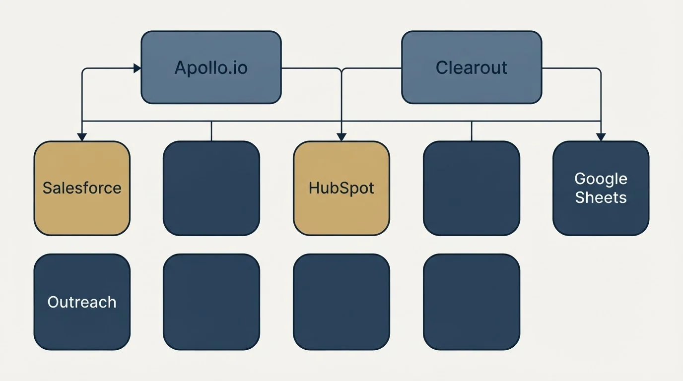 Integration grid: Integration Ecosystem (Apollo.io, Clearout, HubSpot, Salesforce)