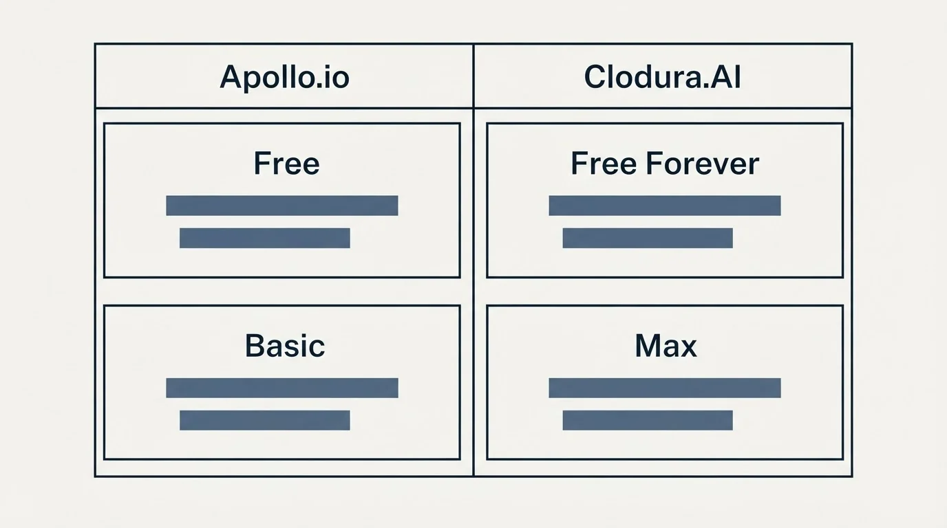 Pricing table: Pricing Comparison (Apollo.io, Clodura.AI, Free, Free Forever)