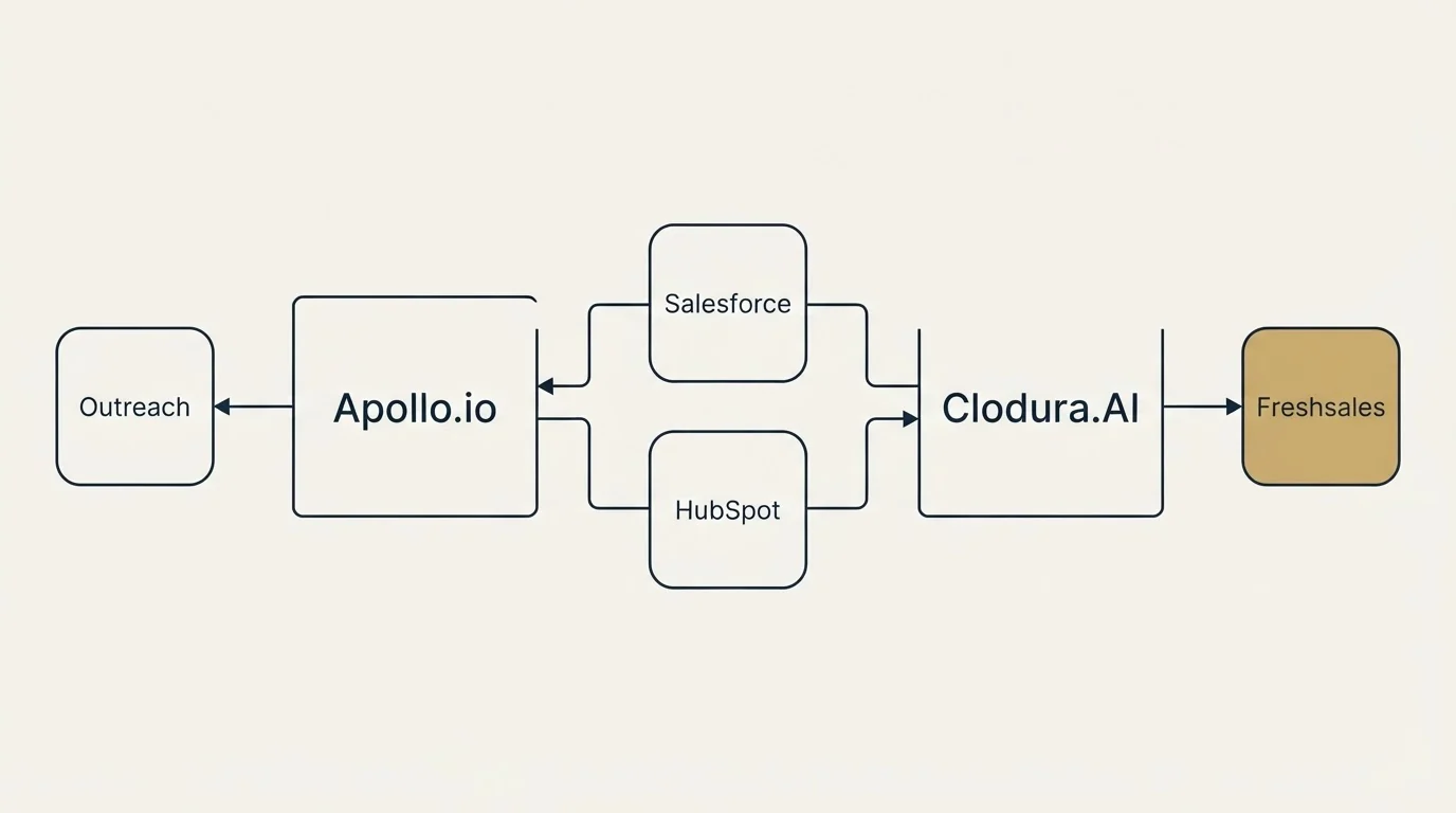 Integration schematic: Integration Ecosystem (Apollo.io, Clodura.AI, Salesforce, HubSpot)