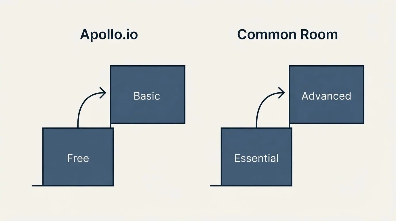 Pricing ladder: Pricing Comparison (Apollo.io, Common Room, Free, Essential)