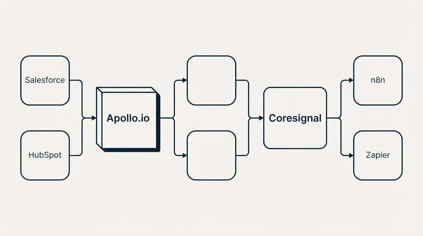 Integration flow: Integration Ecosystem (Apollo.io, Coresignal, Salesforce, n8n)