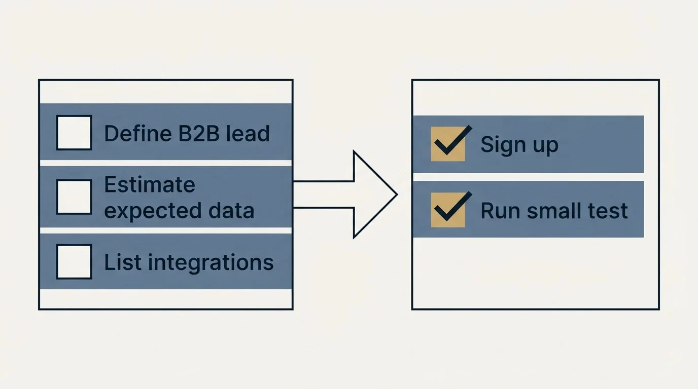 Before-and-after steps: Getting Started Checklist (Define B2B lead, Estimate expected data, List integrations, Sign up)