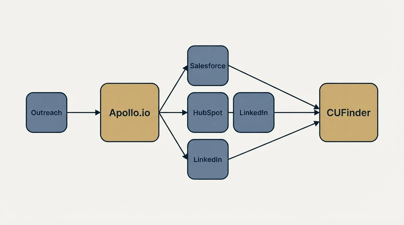 Integration schematic: Integration Ecosystem (Apollo.io, CUFinder, Salesforce, HubSpot)