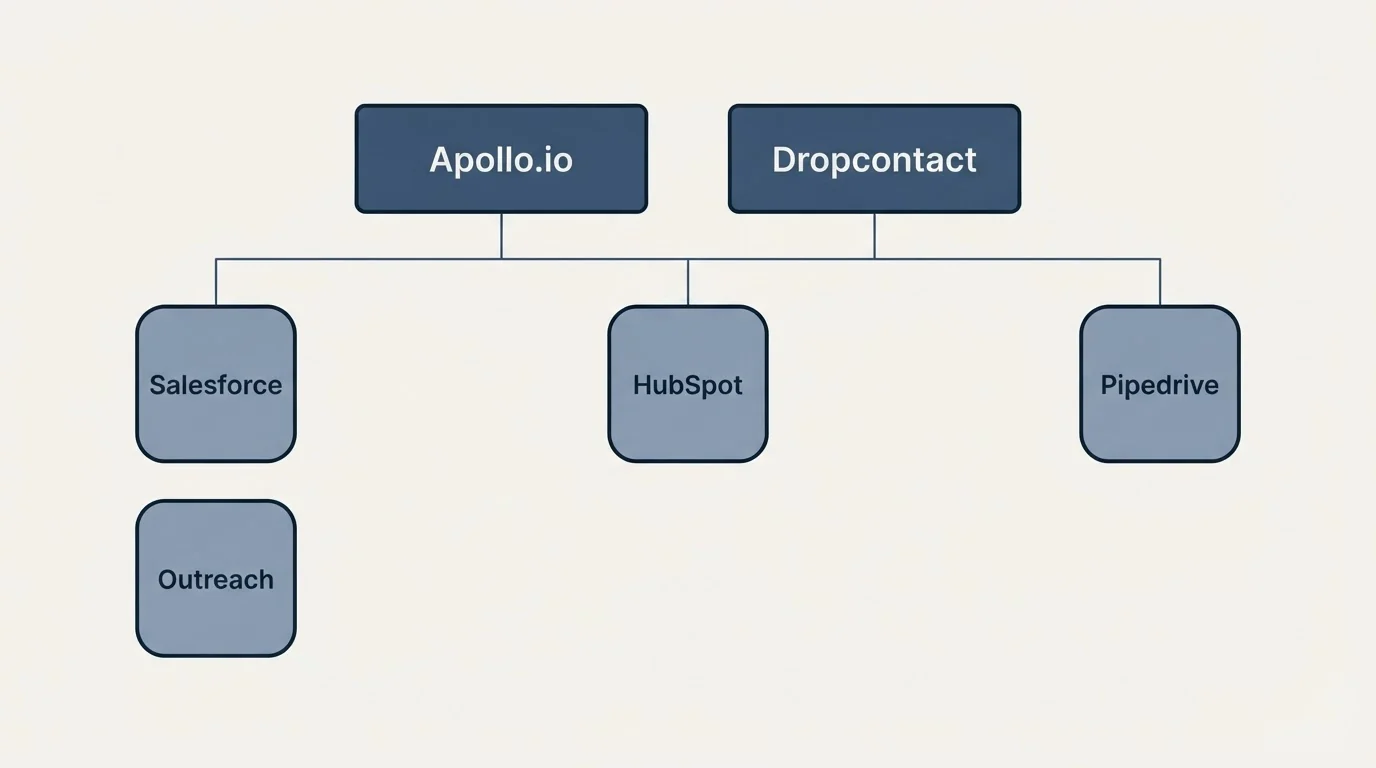 Integration grid: Integration Ecosystem (Apollo.io, Dropcontact, HubSpot, Salesforce)