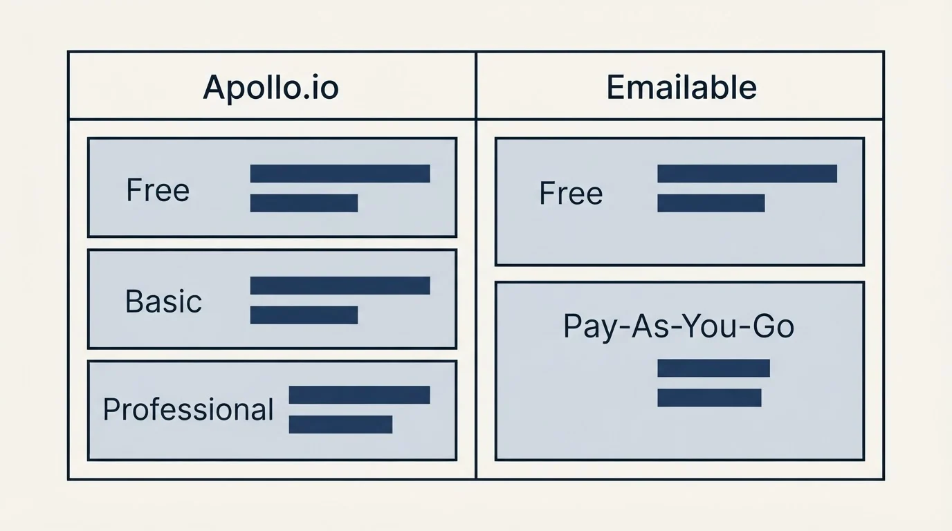 Pricing table: Pricing Comparison (Apollo.io, Emailable, Free, Basic)