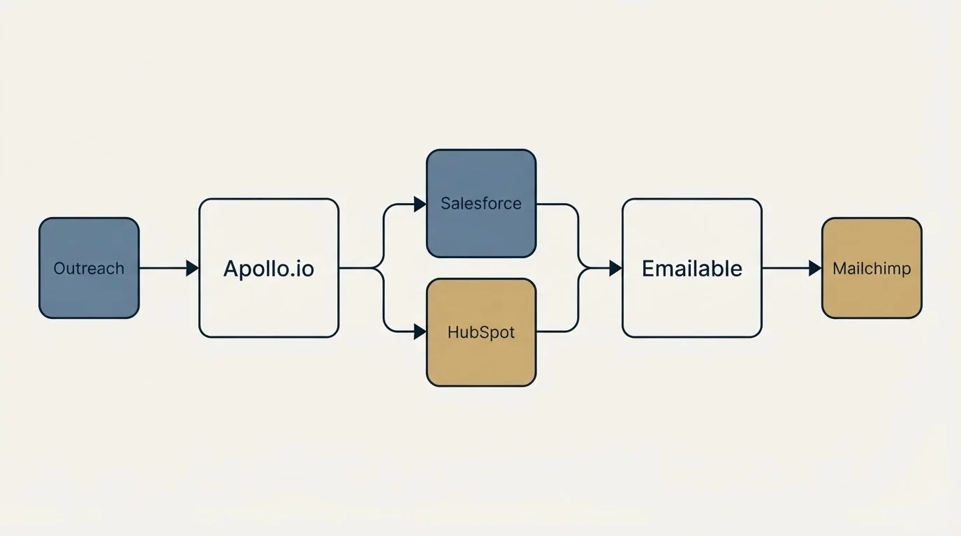 Integration schematic: Integration Ecosystem (Apollo.io, Emailable, Salesforce, HubSpot)