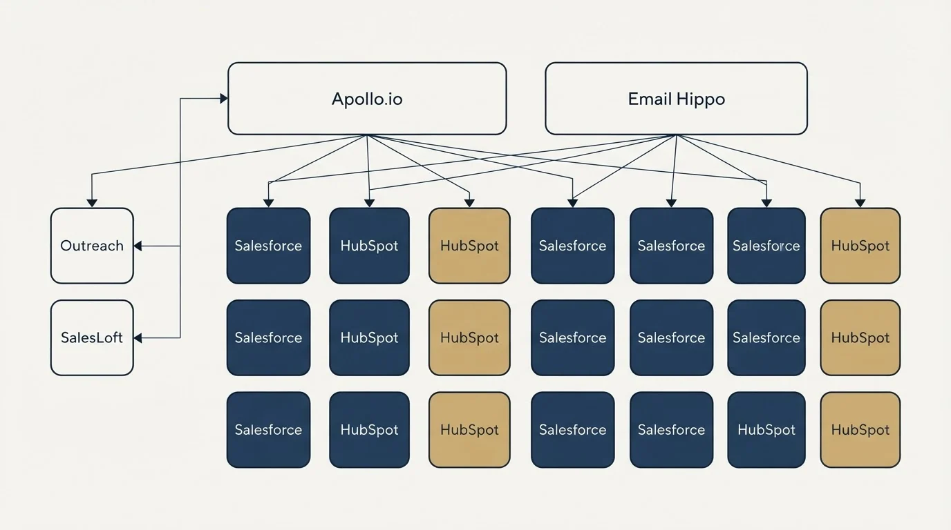 Integration grid: Integration Ecosystem (Apollo.io, Email Hippo, Salesforce, HubSpot)