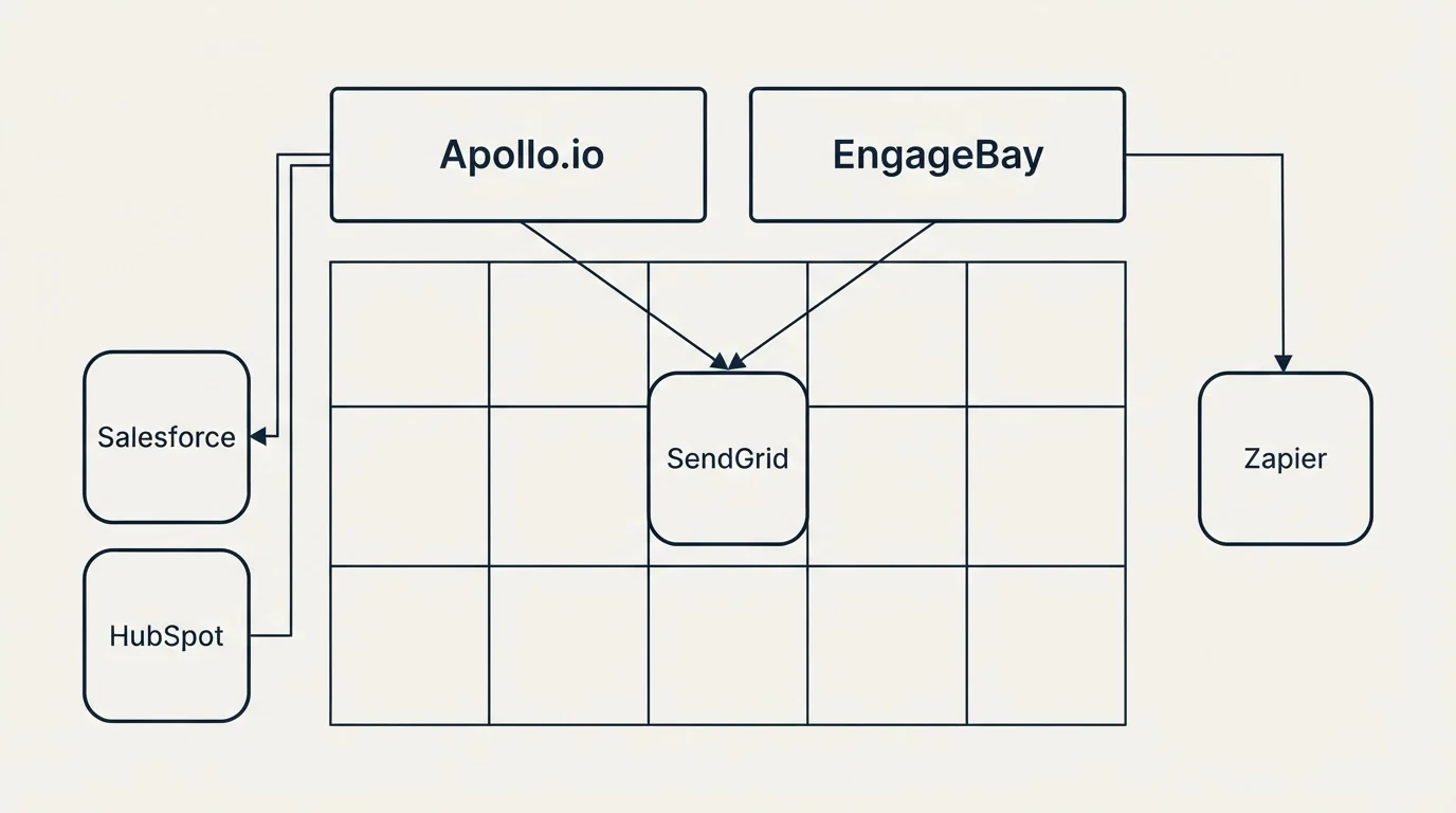 Integration grid: Integration Ecosystem (Apollo.io, EngageBay, SendGrid, Salesforce)