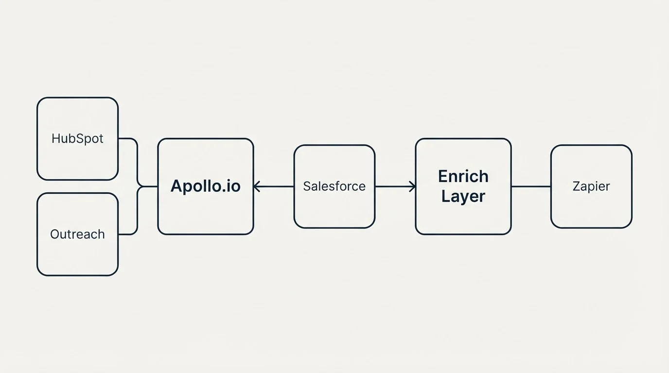 Integration schematic: Integration Ecosystem (Apollo.io, Enrich Layer, Salesforce, HubSpot)