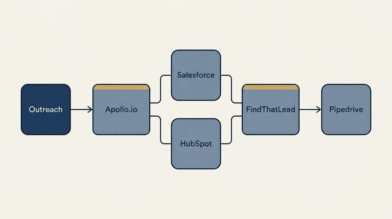 Integration flow: Integration Ecosystem (Apollo.io, FindThatLead, Salesforce, HubSpot)