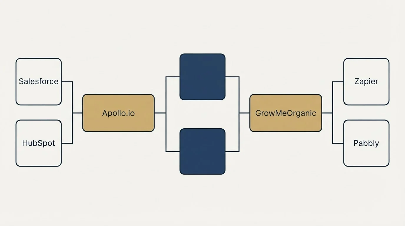 Integration flow: Integration Ecosystem (Apollo.io, GrowMeOrganic, Salesforce, Zapier)
