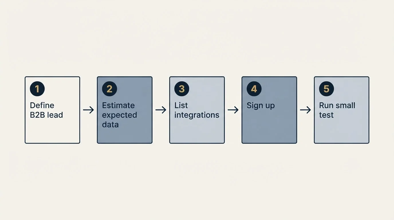 Step sequence: Getting Started Checklist (Define B2B lead, Estimate expected data, List integrations, Sign up)