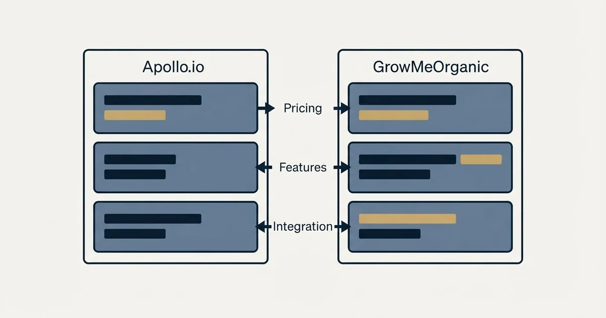 Comparison panel: Apollo.io vs GrowMeOrganic (Pricing, Features, Integration)