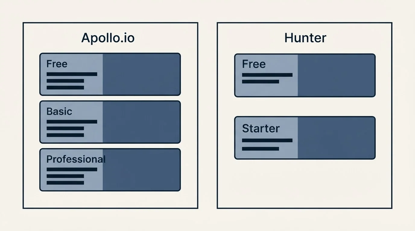 Pricing panels: Pricing Comparison (Apollo.io, Hunter, Free, Basic)