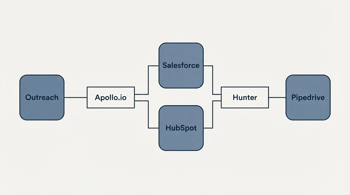 Integration flow: Integration Ecosystem (Apollo.io, Hunter, Salesforce, HubSpot)