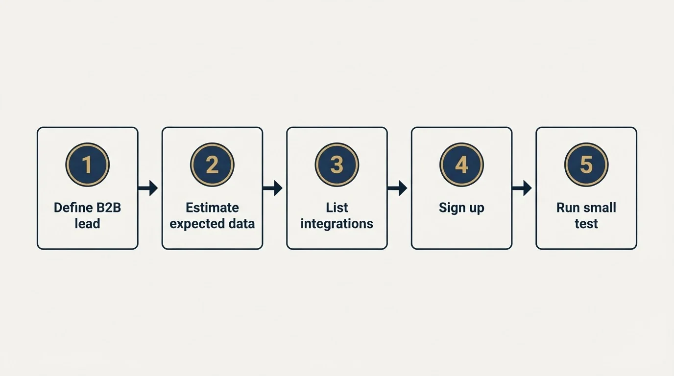Step sequence: Getting Started Checklist (Define B2B lead, Estimate expected data, List integrations, Sign up)