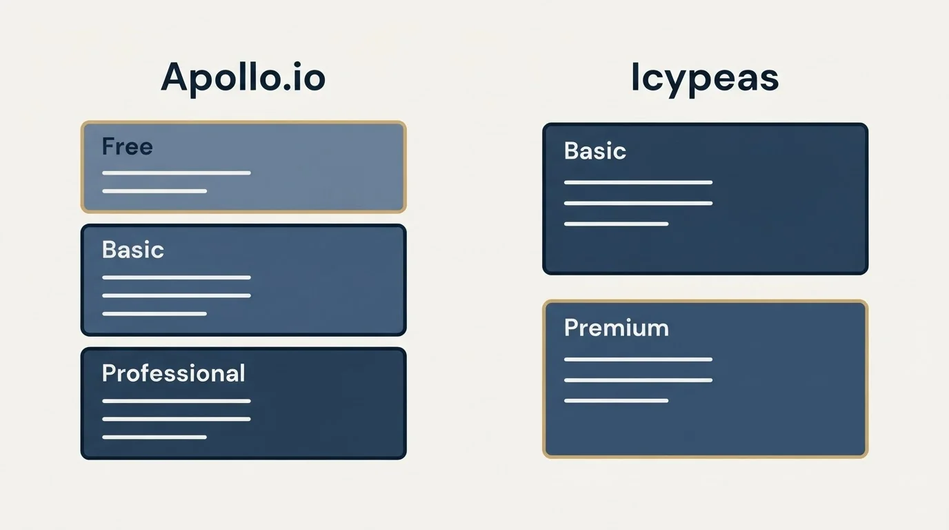 Pricing panels: Pricing Comparison (Apollo.io, Icypeas, Free, Basic)