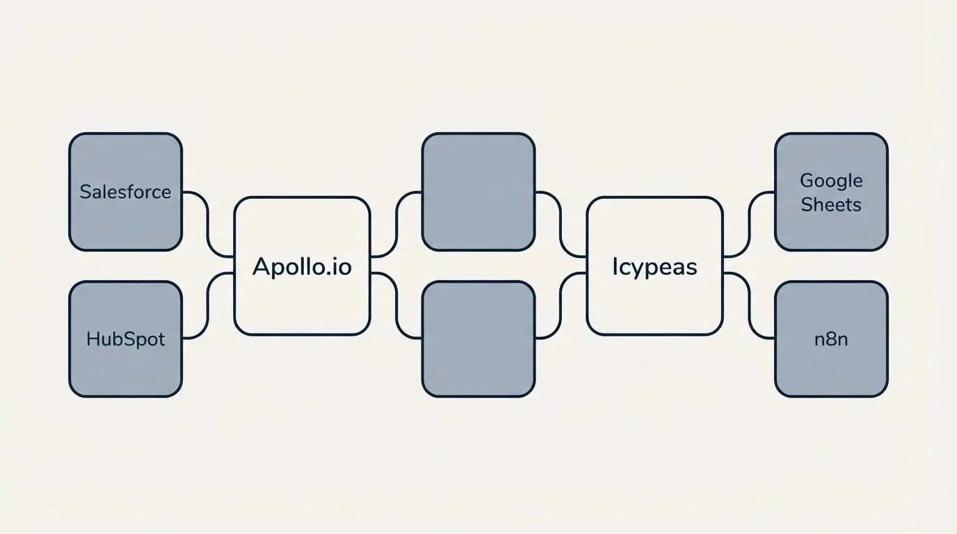 Integration schematic: Integration Ecosystem (Apollo.io, Icypeas, Salesforce, Google Sheets)