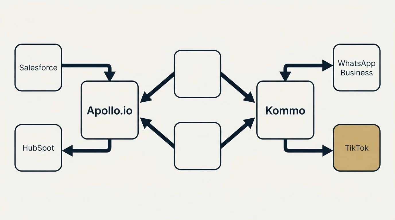 Integration schematic: Integration Ecosystem (Apollo.io, Kommo, Salesforce, WhatsApp Business)