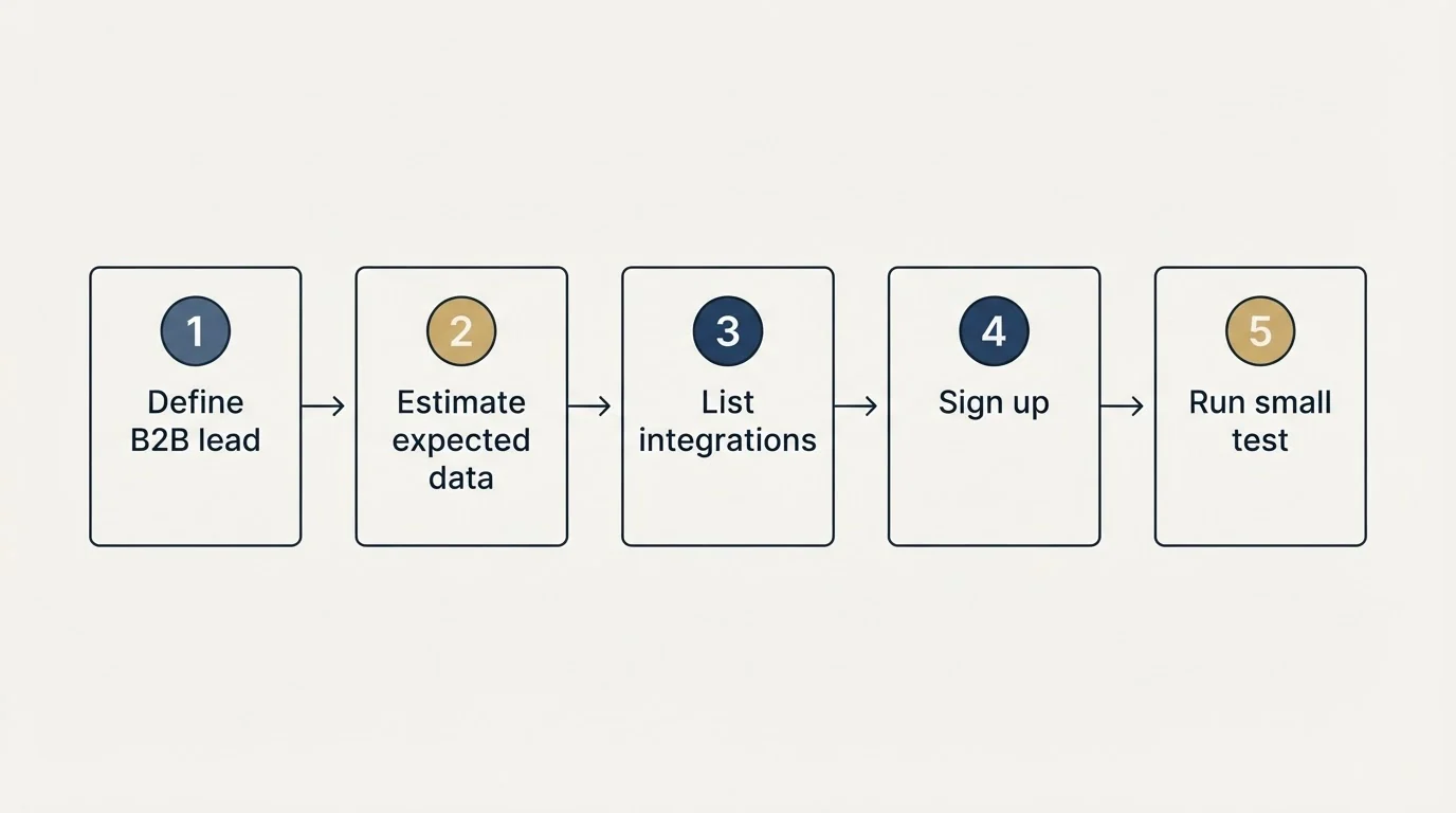 Step sequence: Getting Started Checklist (Define B2B lead, Estimate expected data, List integrations, Sign up)