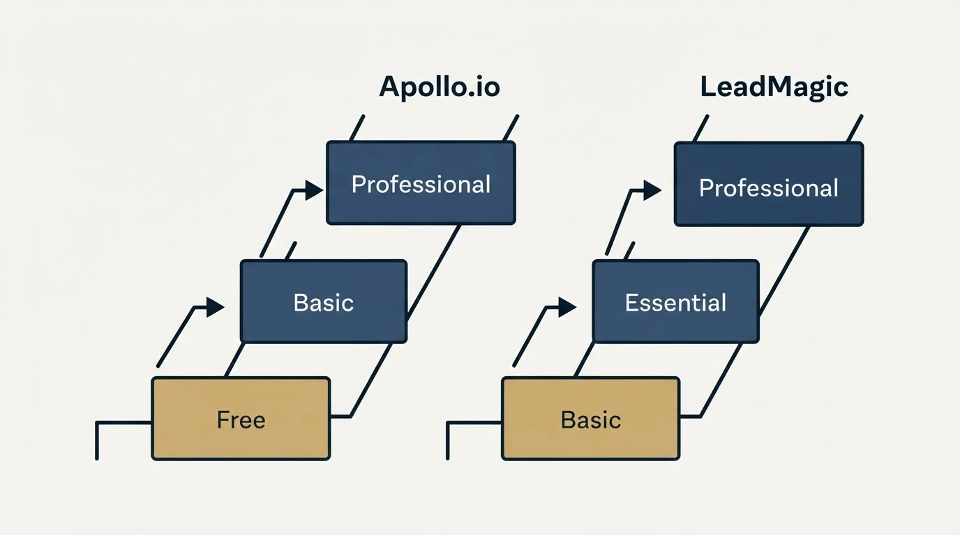 Pricing ladder: Pricing Comparison (Apollo.io, LeadMagic, Free, Basic)