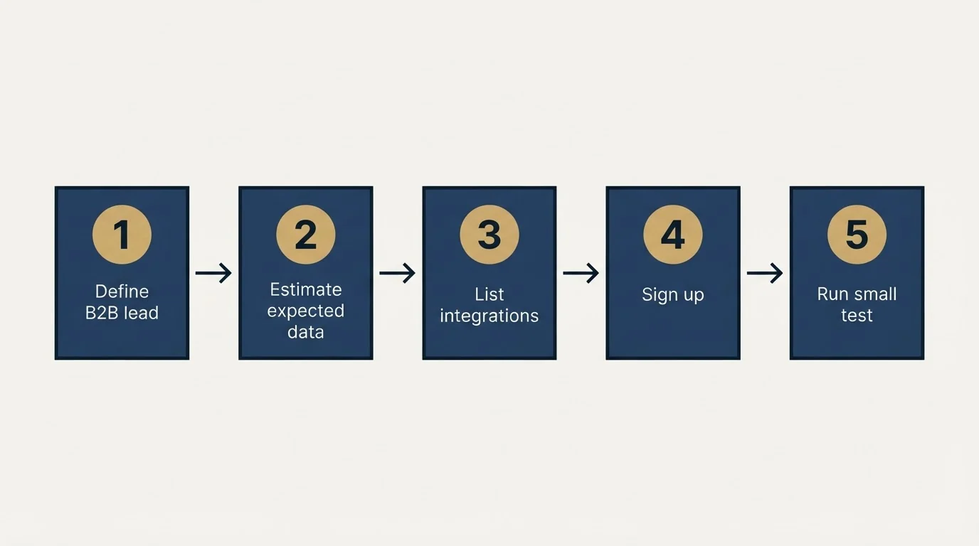 Step sequence: Getting Started Checklist (Define B2B lead, Estimate expected data, List integrations, Sign up)