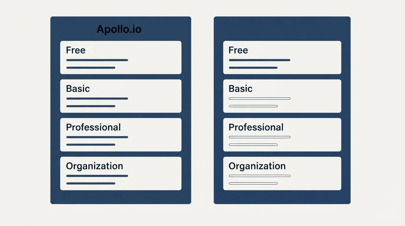 Pricing panels: Pricing Comparison (Apollo.io, Free, Basic, Professional)