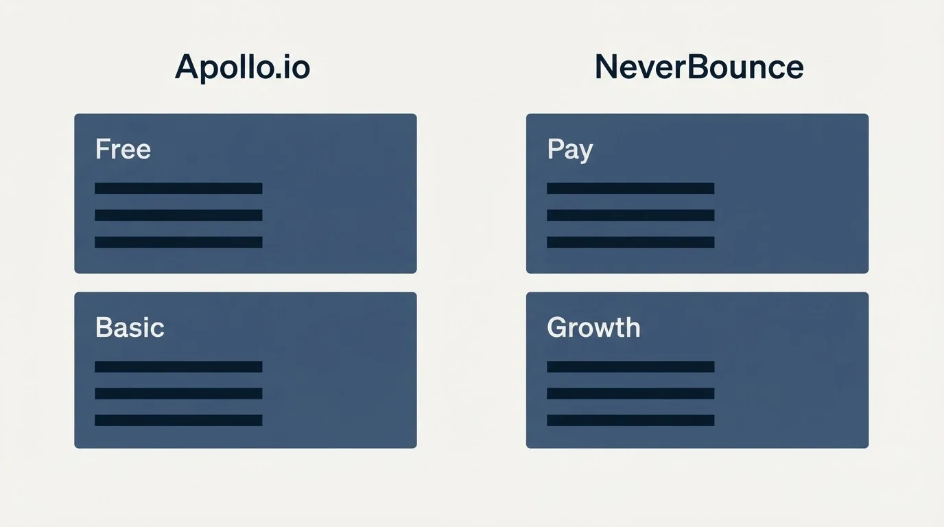 Pricing panels: Pricing Comparison (Apollo.io, NeverBounce, Free, Pay)