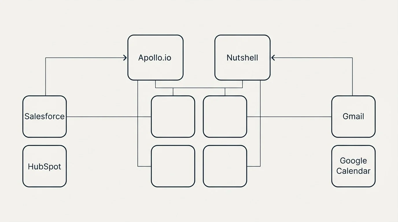 Integration grid: Integration Ecosystem (Apollo.io, Nutshell, Salesforce, Gmail)