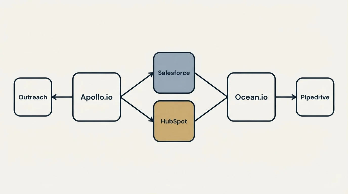 Integration schematic: Integration Ecosystem (Apollo.io, Ocean.io, Salesforce, HubSpot)