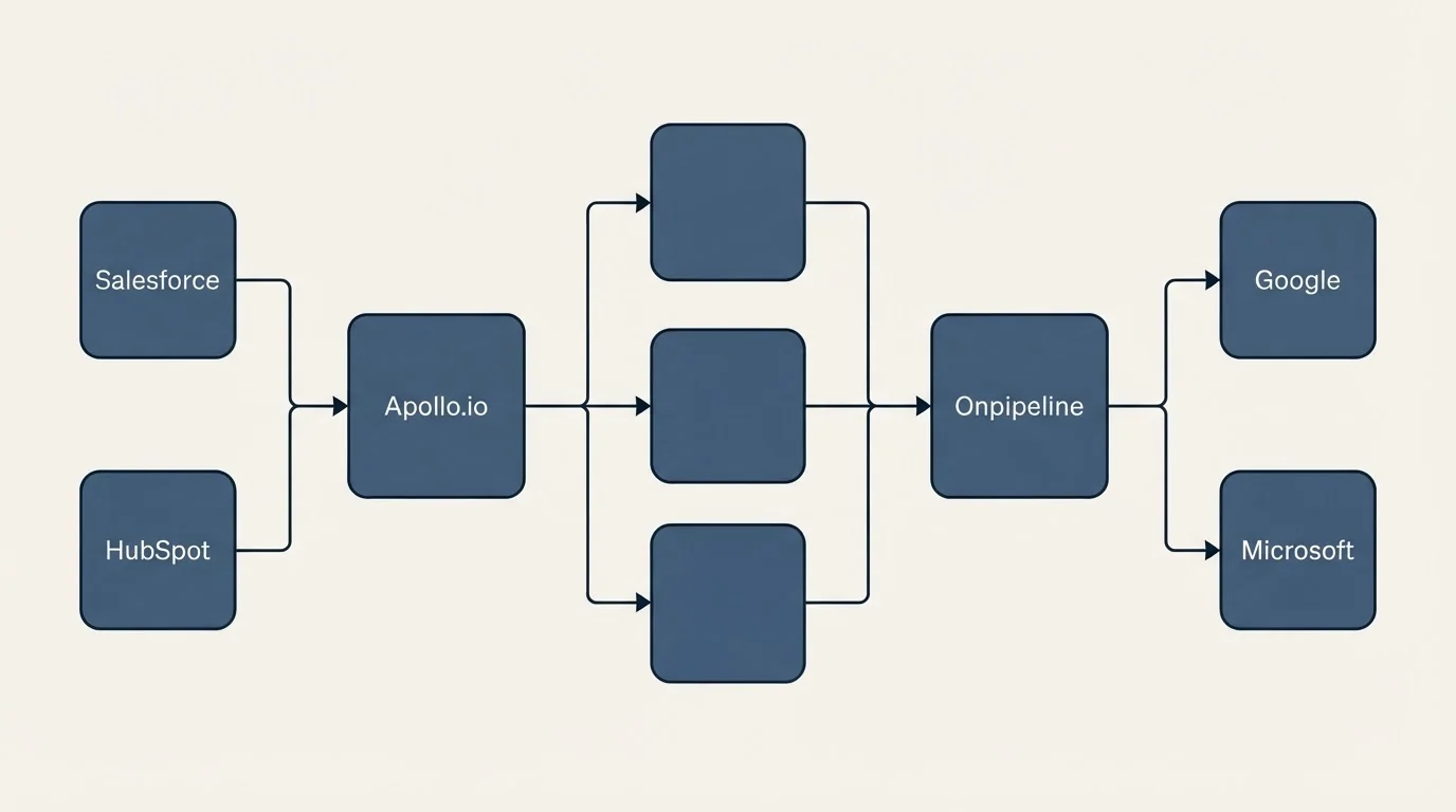Integration flow: Integration Ecosystem (Apollo.io, Onpipeline, Salesforce, Google)