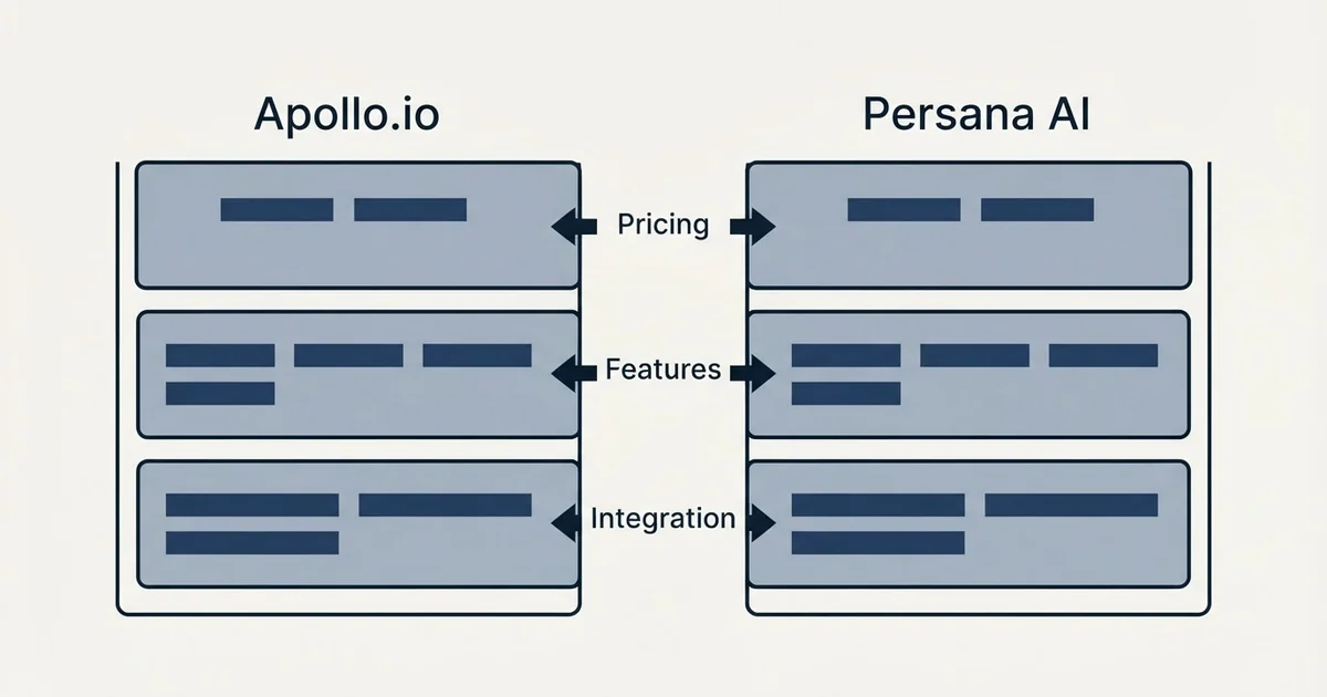 Comparison panel: Apollo.io vs Persana AI (Pricing, Features, Integration)
