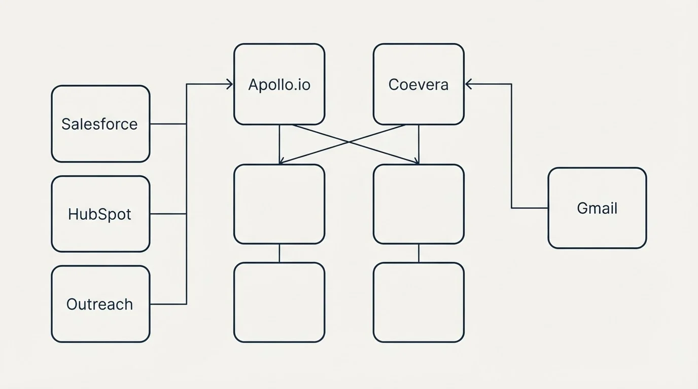 Integration grid: Integration Ecosystem (Apollo.io, Coevera, Salesforce, Gmail)