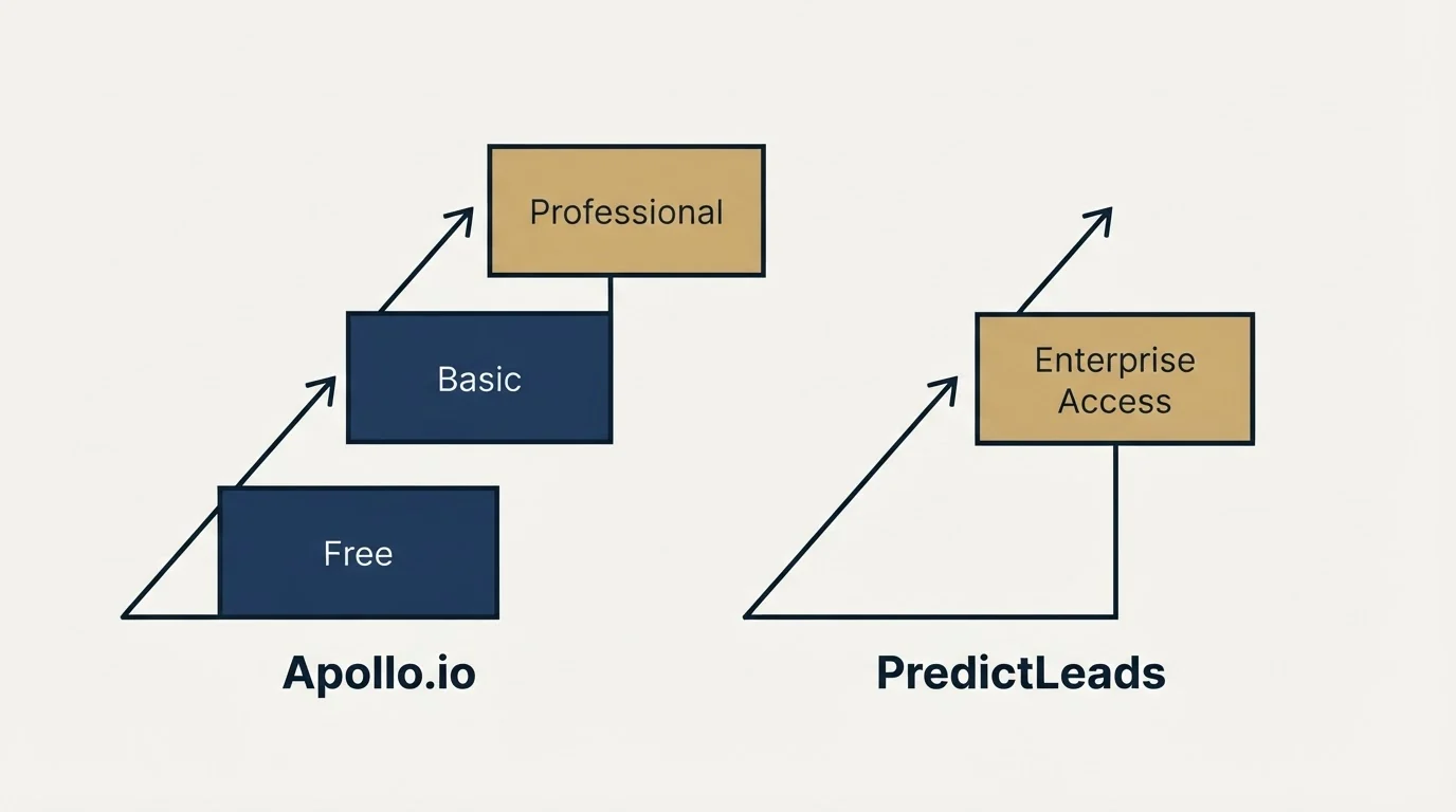 Pricing ladder: Pricing Comparison (Apollo.io, PredictLeads, Free, Enterprise Access)