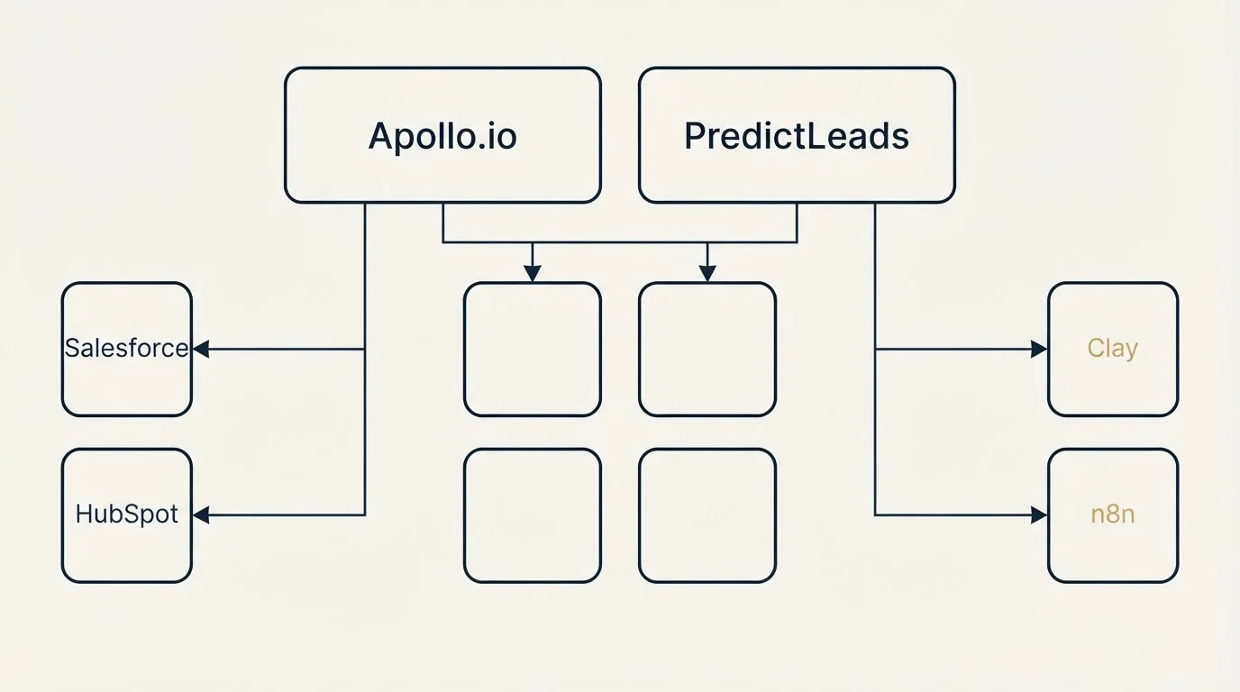 Integration grid: Integration Ecosystem (Apollo.io, PredictLeads, Salesforce, Clay)
