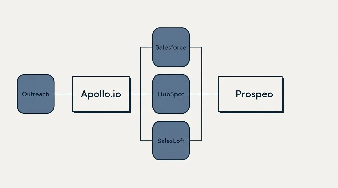 Integration flow: Integration Ecosystem (Apollo.io, Prospeo, Salesforce, HubSpot)