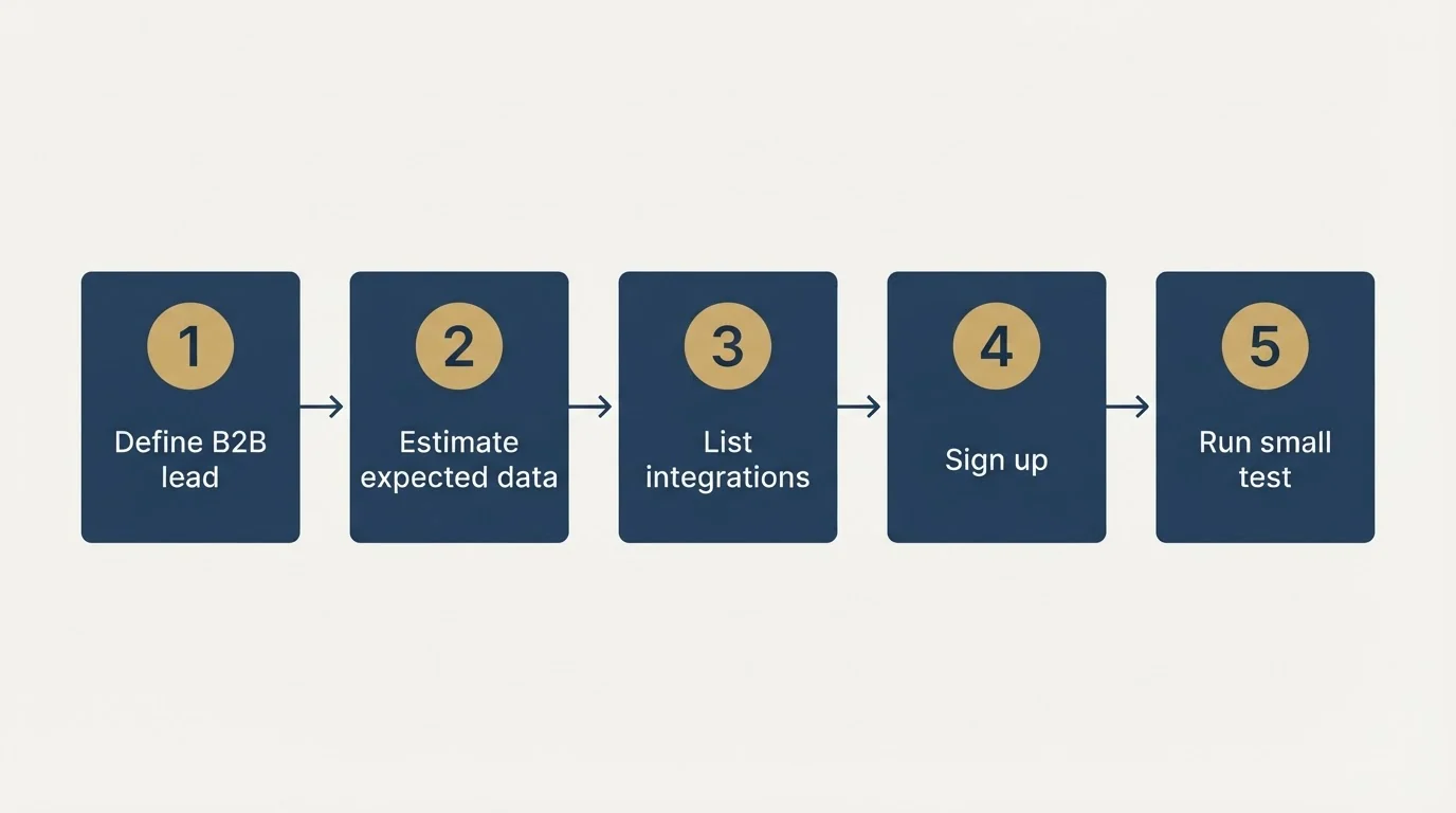 Step sequence: Getting Started Checklist (Define B2B lead, Estimate expected data, List integrations, Sign up)