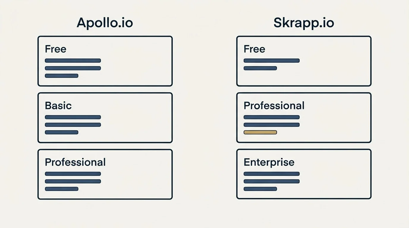 Pricing panels: Pricing Comparison (Apollo.io, Skrapp.io, Free, Basic)