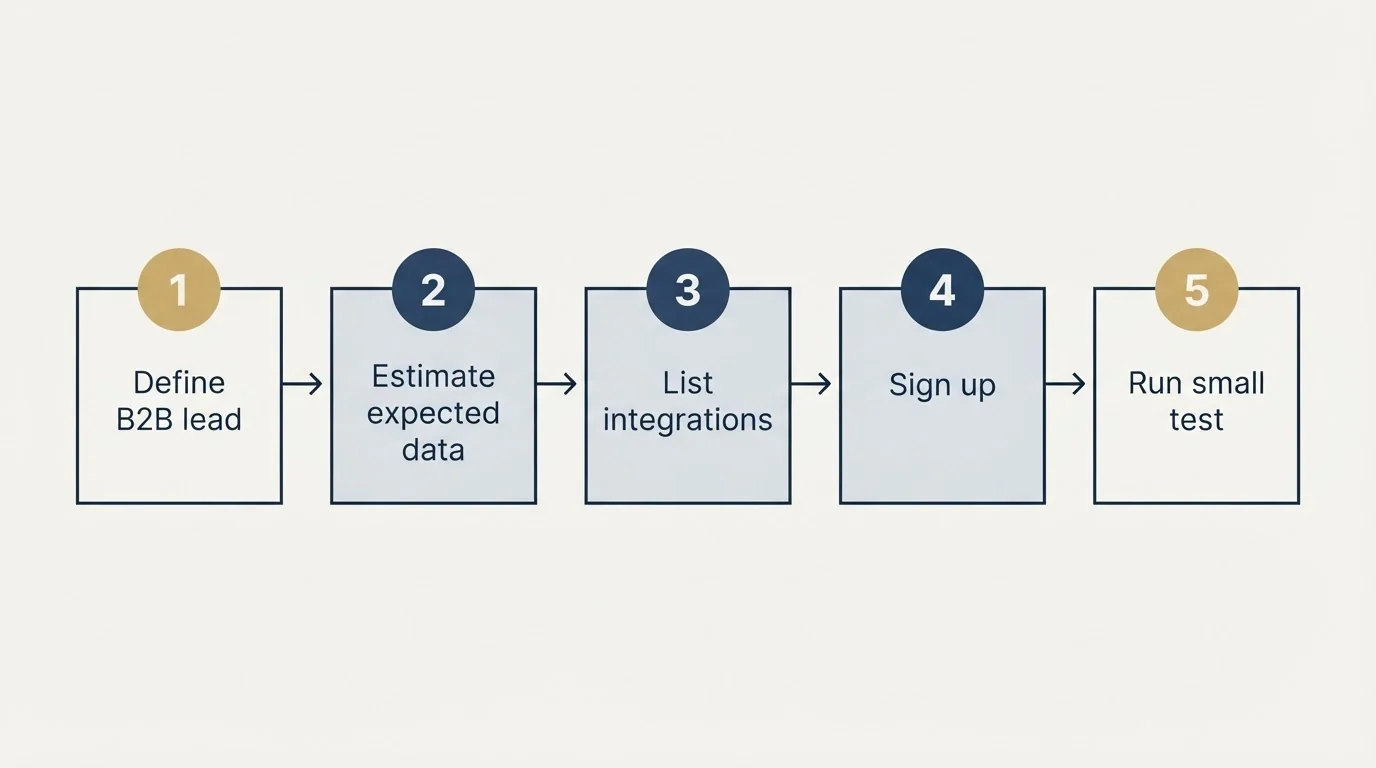 Step sequence: Getting Started Checklist (Define B2B lead, Estimate expected data, List integrations, Sign up)