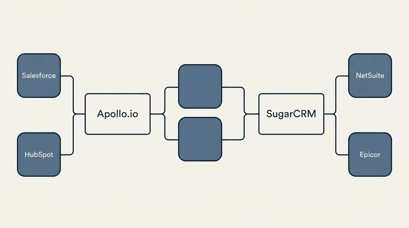 Integration schematic: Integration Ecosystem (Apollo.io, SugarCRM, Salesforce, NetSuite)