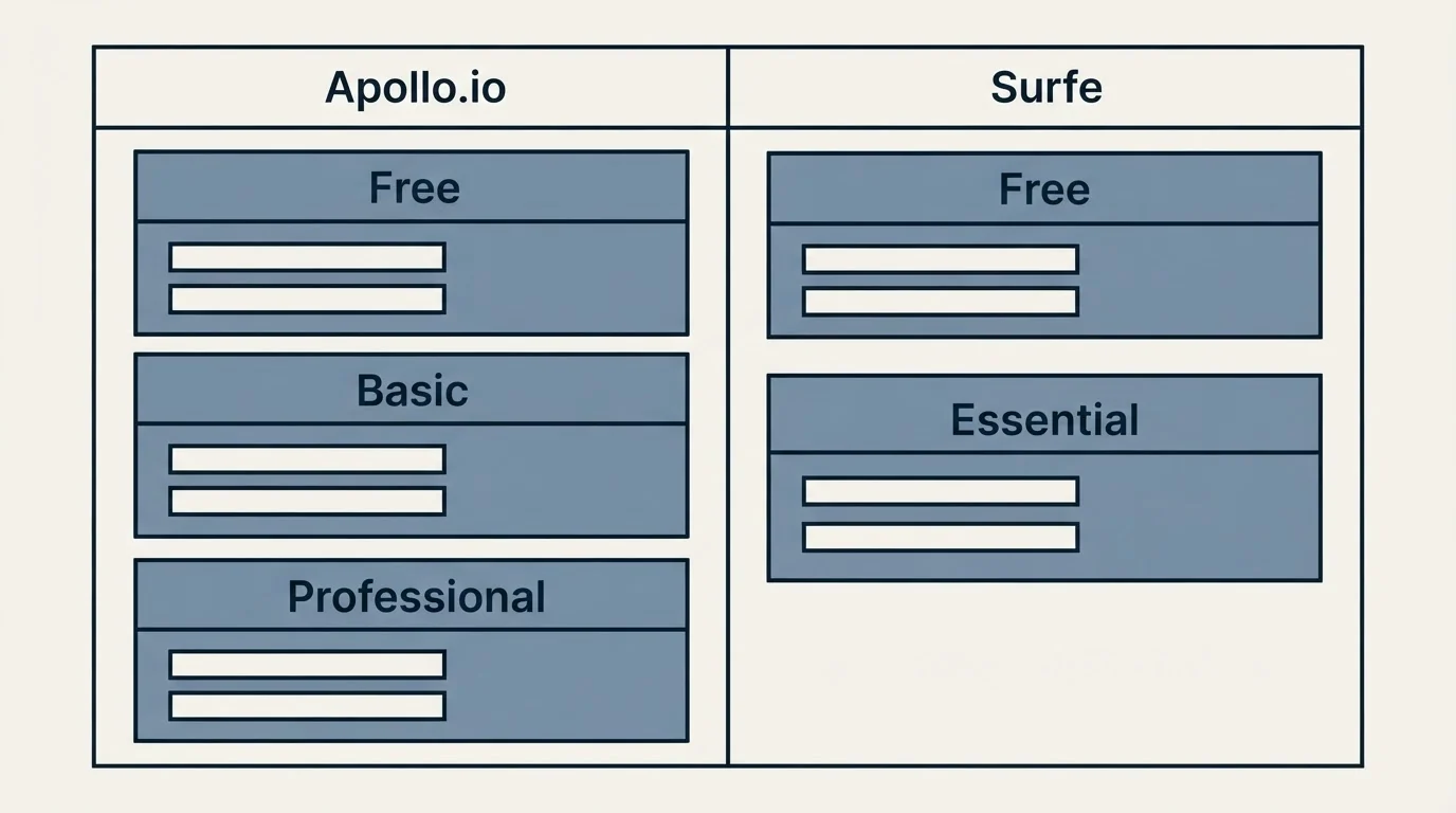 Pricing table: Pricing Comparison (Apollo.io, Surfe, Free, Basic)