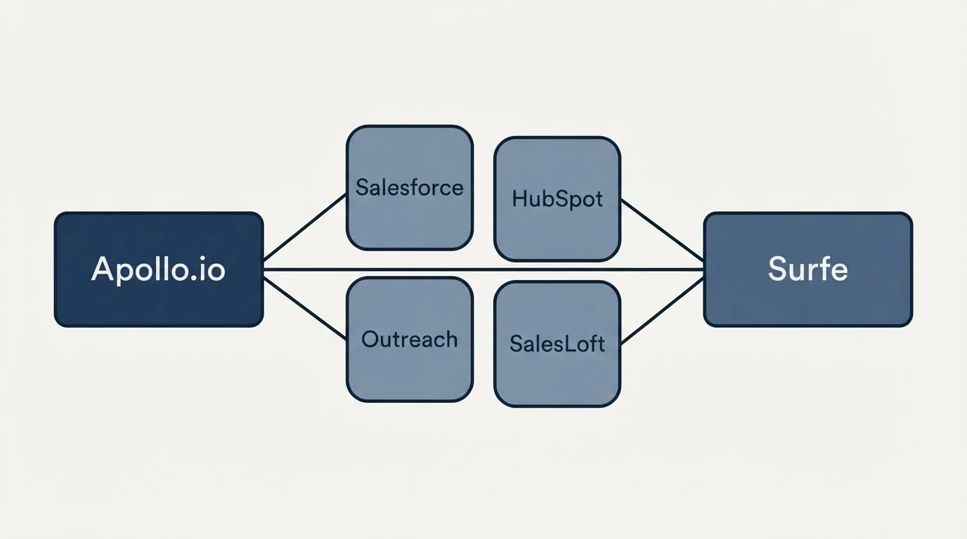 Integration schematic: Integration Ecosystem (Apollo.io, Surfe, Salesforce, HubSpot)
