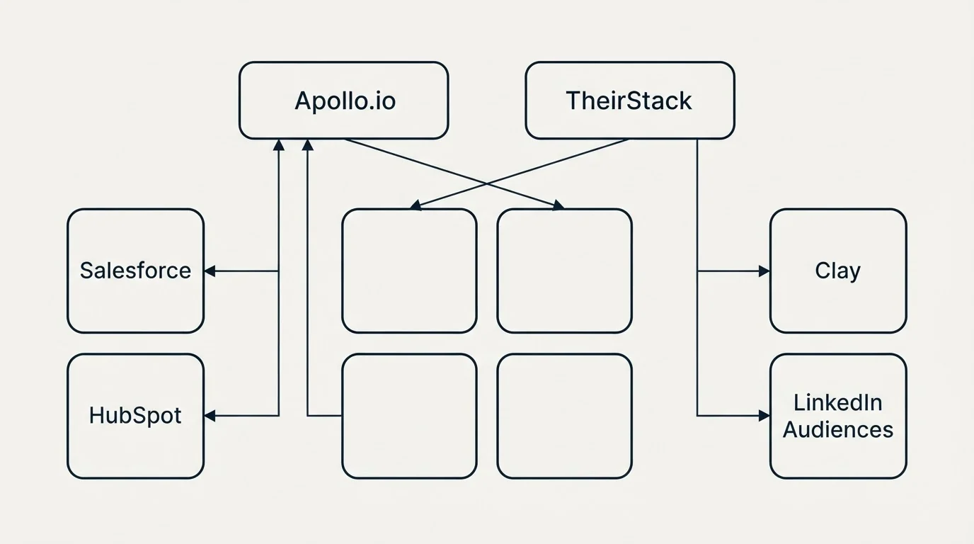 Integration grid: Integration Ecosystem (Apollo.io, TheirStack, Salesforce, Clay)