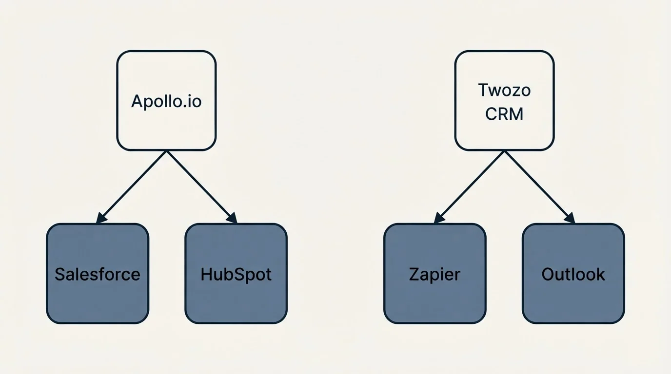 Integration schematic: Integration Ecosystem (Apollo.io, Twozo CRM, Salesforce, Zapier)