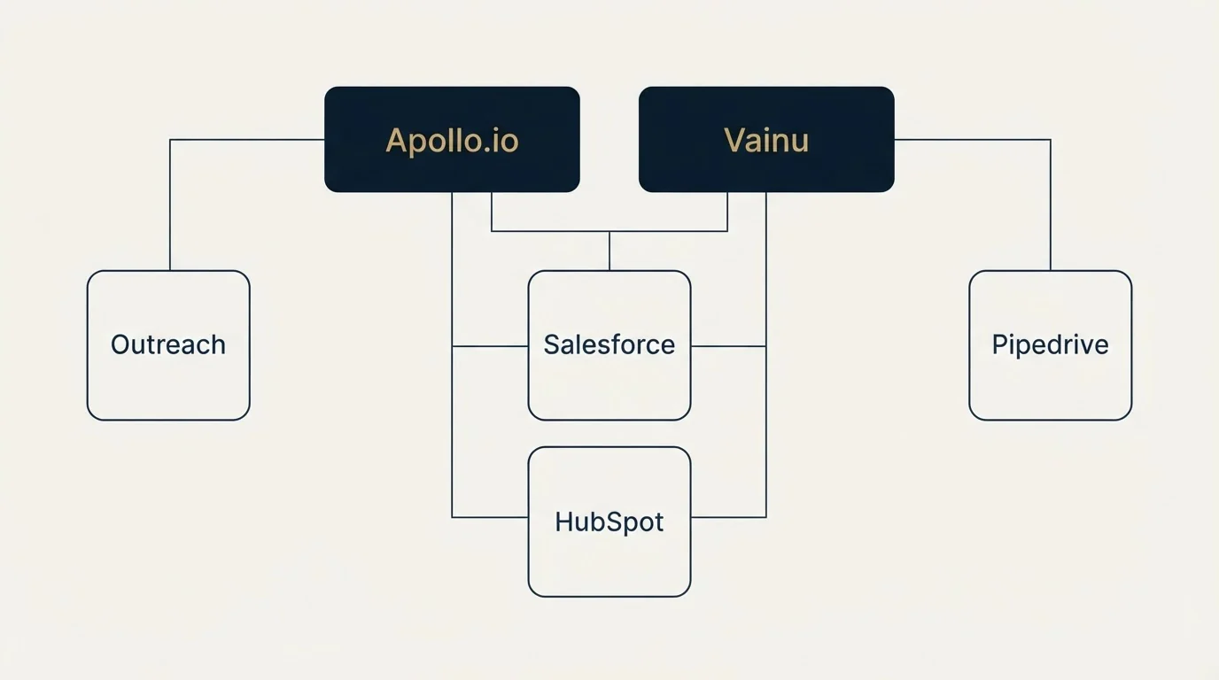 Integration grid: Integration Ecosystem (Apollo.io, Vainu, Salesforce, HubSpot)